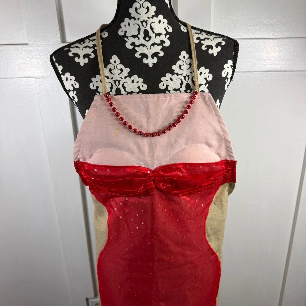 Novelty Burlesque Showgirl Kitchen Apron Red Sequin Fringe Pinup Kitschy Tan